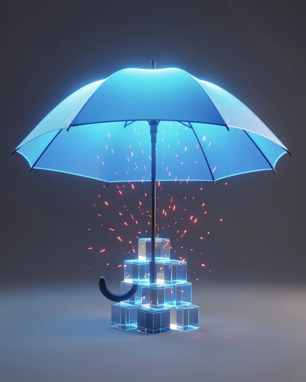 A glowing blue umbrella shelters a stack of translucent glowing cubes from falling red sparks