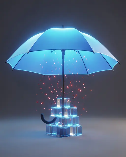 A glowing blue umbrella shelters a stack of translucent glowing cubes from falling red sparks