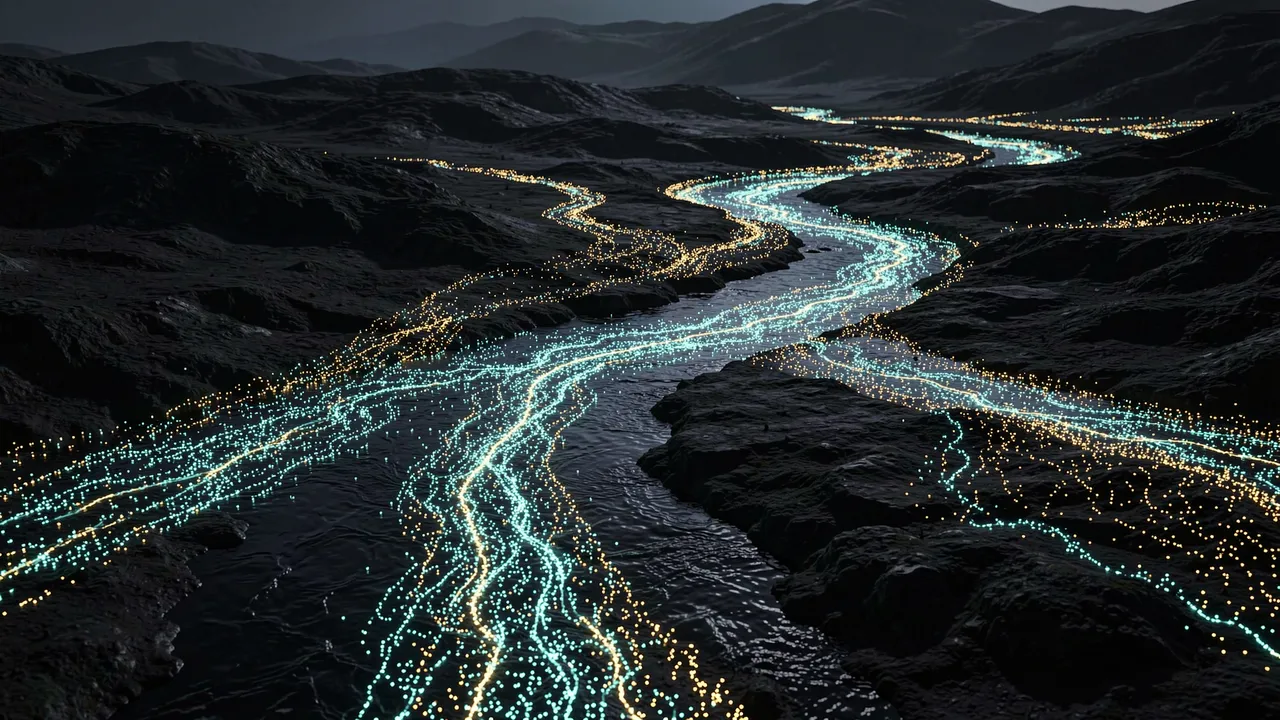 Winding streams of glowing turquoise and gold data particles flow across a dark mountainous landscape