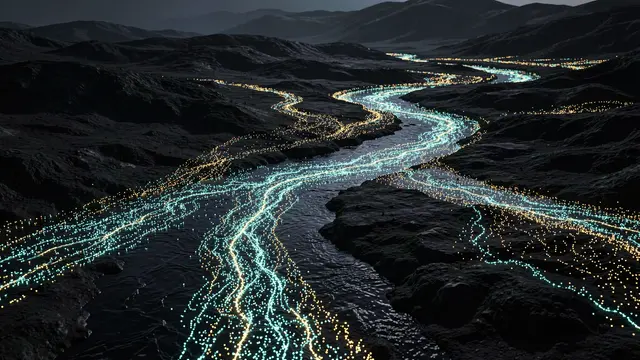 Winding streams of glowing turquoise and gold data particles flow across a dark mountainous landscape