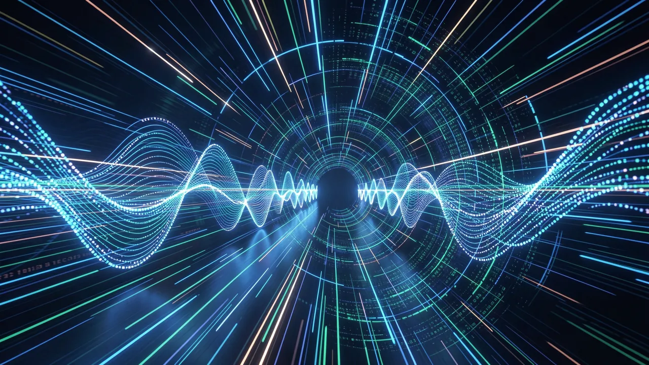Futuristic glowing digital wave lines form a speeding data tunnel against a dark background