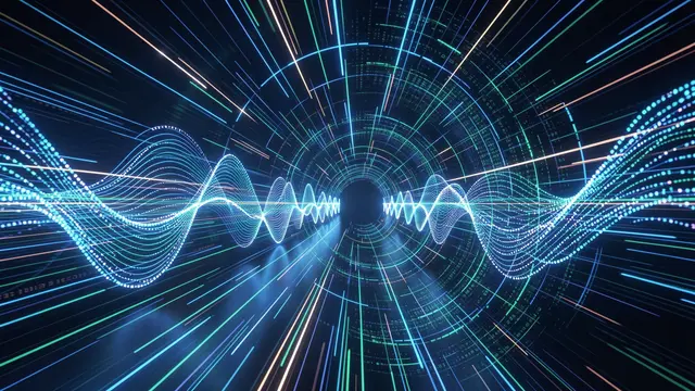 Futuristic glowing digital wave lines form a speeding data tunnel against a dark background