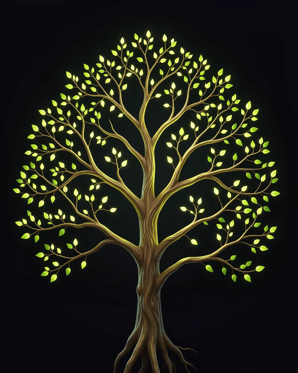 A stylized glowing tree with recursive forking branches and bright leaf nodes against a solid black background