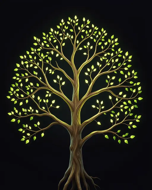 A stylized glowing tree with recursive forking branches and bright leaf nodes against a solid black background
