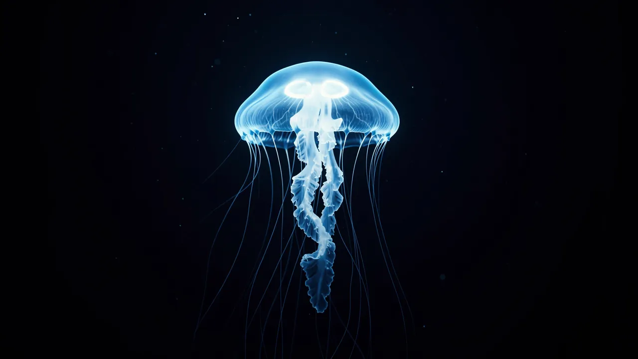 A bioluminescent blue jellyfish floats against the dark expanse of the deep ocean