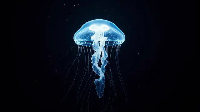 A bioluminescent blue jellyfish floats against the dark expanse of the deep ocean