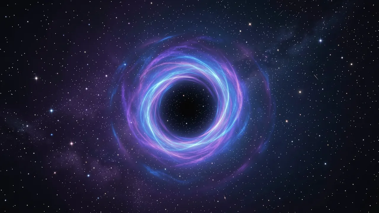 A swirling blue and violet wormhole floats in star-filled deep space with distant stars visible through its center.