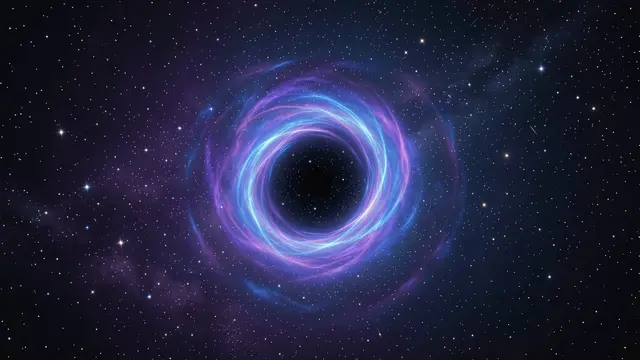 A swirling blue and violet wormhole floats in star-filled deep space with distant stars visible through its center.