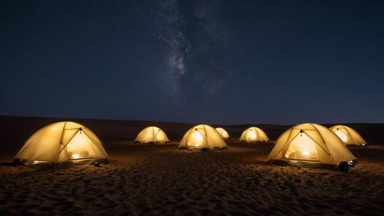 Illuminated camping tents arranged across sand dunes under a starry night sky with the Milky Way.