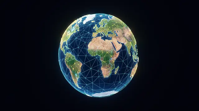 A wireframe digital globe with glowing fiber network lines floats against a solid black background.