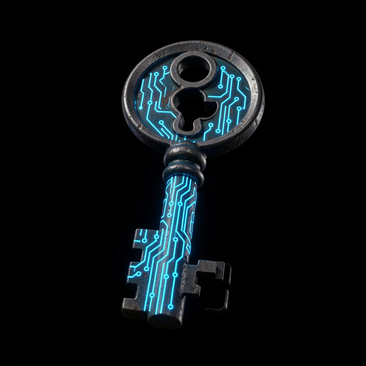 An old-fashioned skeleton key with glowing blue circuit patterns floats against a solid black background
