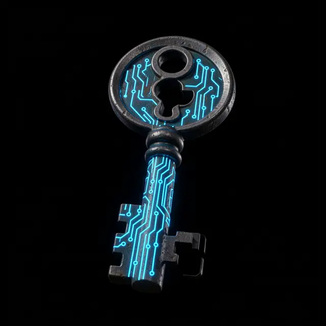 An old-fashioned skeleton key with glowing blue circuit patterns floats against a solid black background