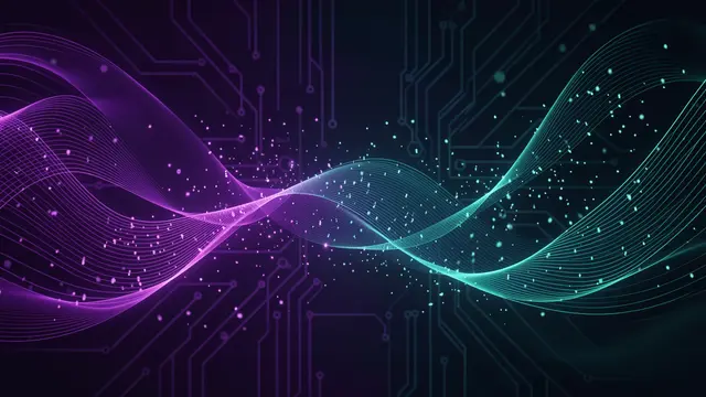 Intertwined purple and teal glowing light waves with particles over a faint circuit board pattern
