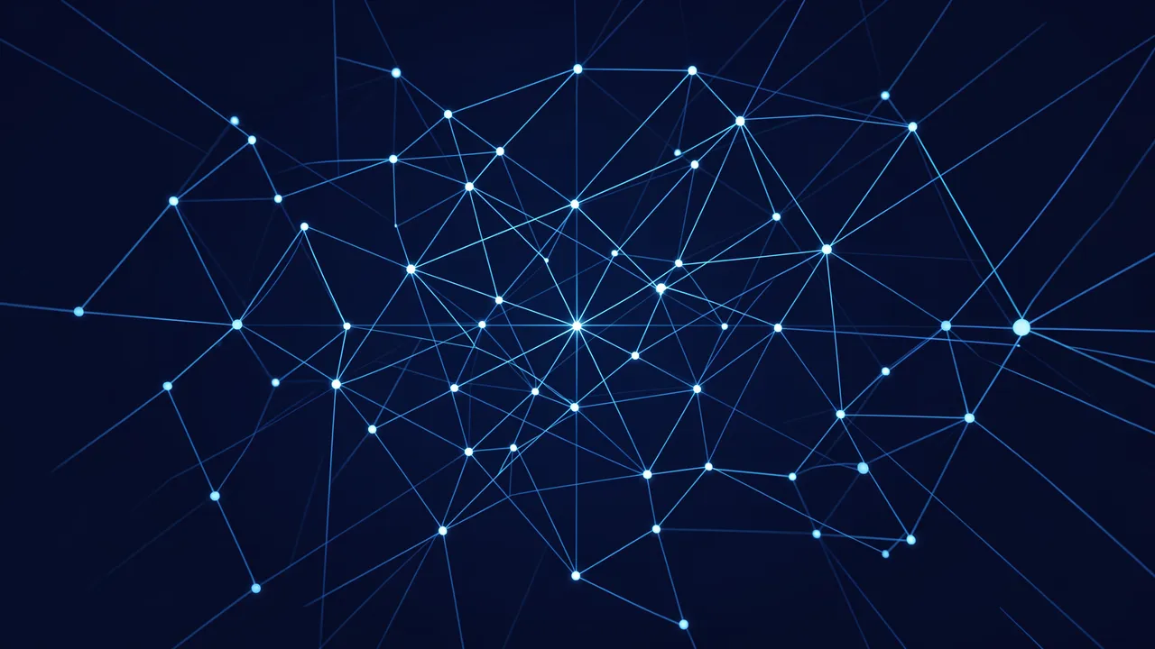 Interconnected glowing light blue dots and lines spread across a dark navy blue background
