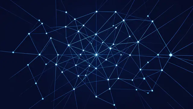 Interconnected glowing light blue dots and lines spread across a dark navy blue background