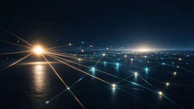 A glowing network of light nodes and lines spreads across a dark reflective surface toward a distant horizon