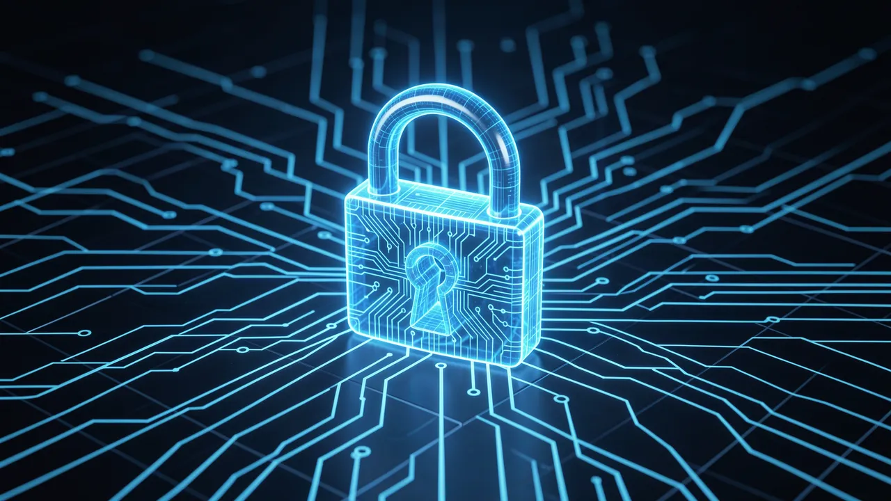 A glowing translucent blue padlock sits centered over an intricate illuminated circuit board grid