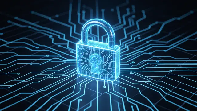 A glowing translucent blue padlock sits centered over an intricate illuminated circuit board grid