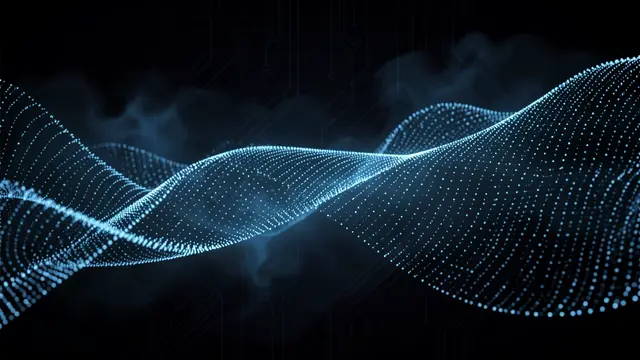 A wavy glowing array of blue particles floats over a dark circuit-patterned technology background with soft blue haze.