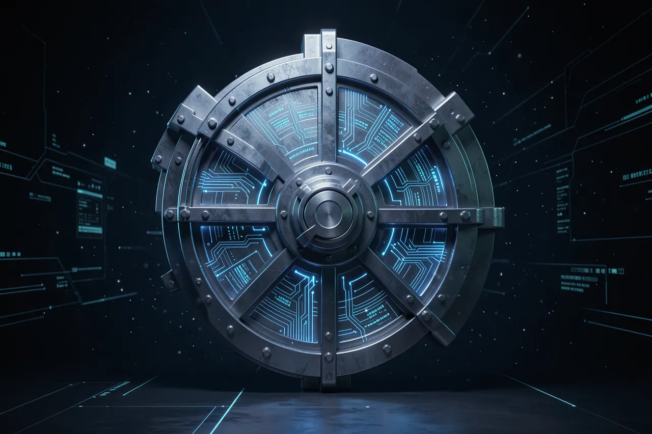 A heavy metallic vault door with glowing blue circuit patterns stands in a dark futuristic digital space
