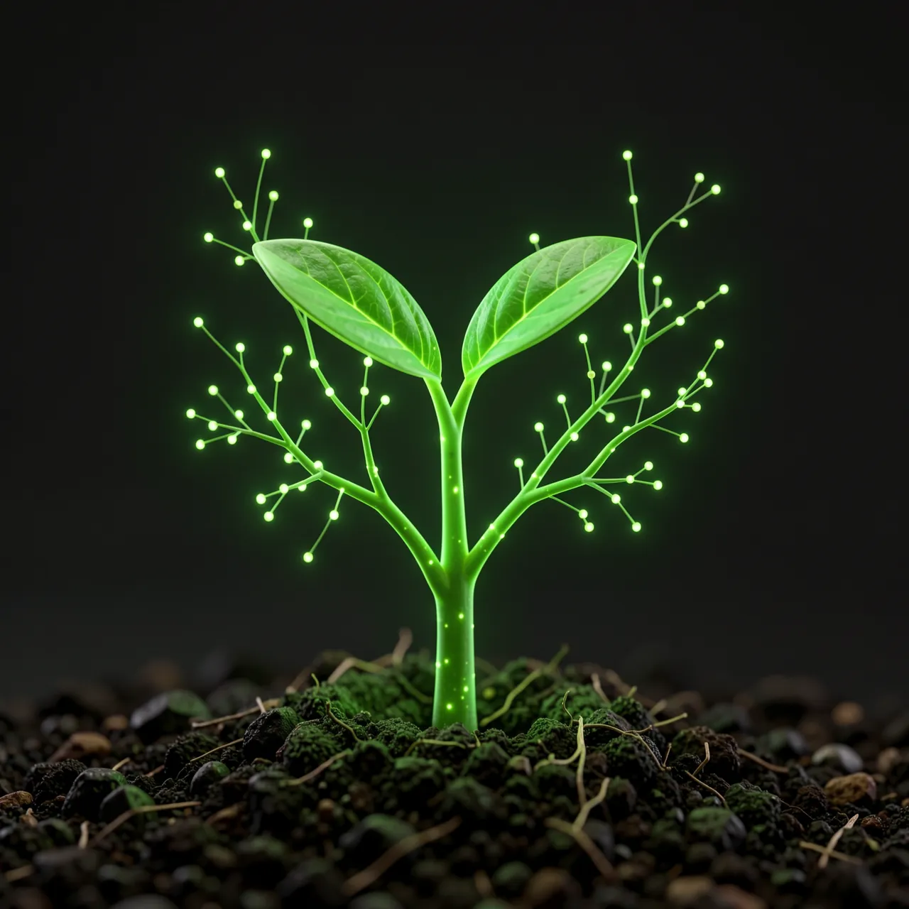 A glowing green futuristic seedling sprouting from soil, topped with tiny illuminated light nodes against a dark background
