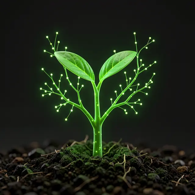 A glowing green futuristic seedling sprouting from soil, topped with tiny illuminated light nodes against a dark background