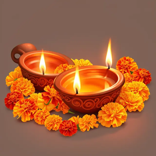 Lit clay diya lamps arranged with bright orange and yellow marigold flowers on a warm brown background