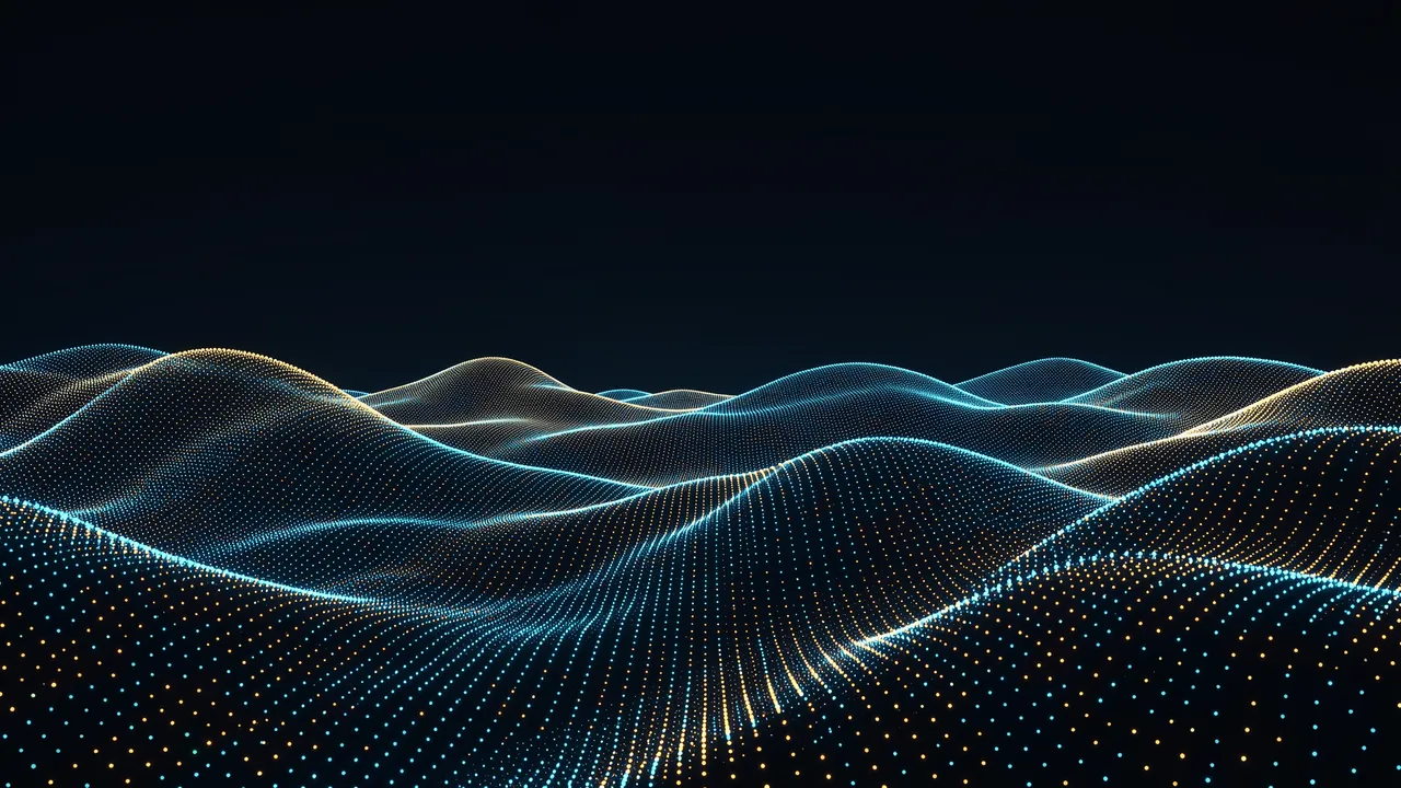 Wavy dotted glowing digital hills stretch across a dark empty night sky