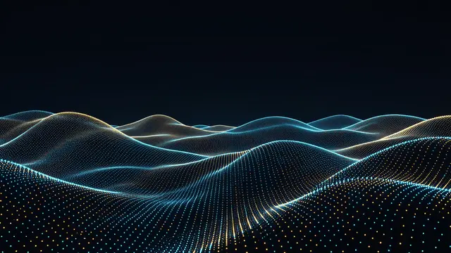Wavy dotted glowing digital hills stretch across a dark empty night sky