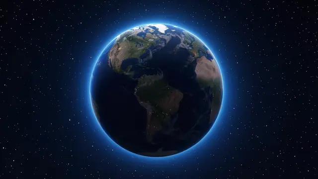 A 3D render of Earth set against a starfield, with a thin glowing blue atmosphere outlining its night-side edge