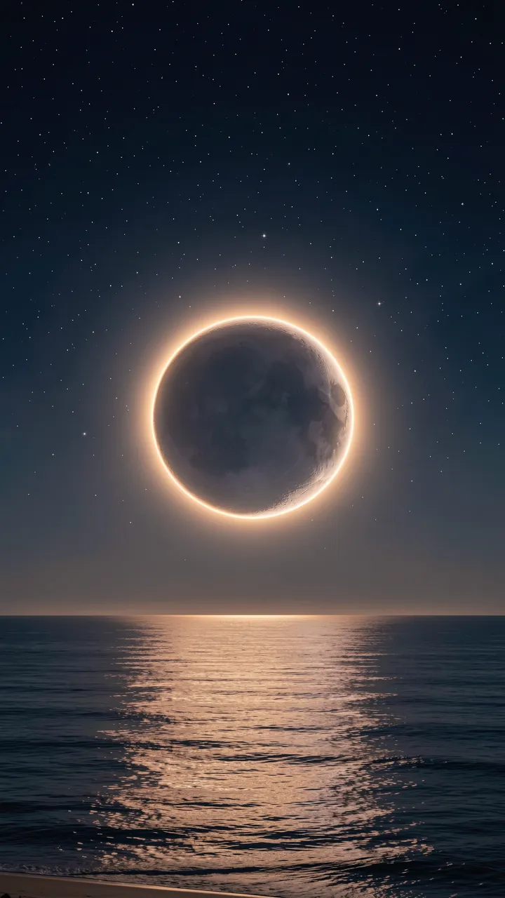 A ringed glowing eclipse hangs above a calm night ocean, its light reflecting across the water under a starry sky