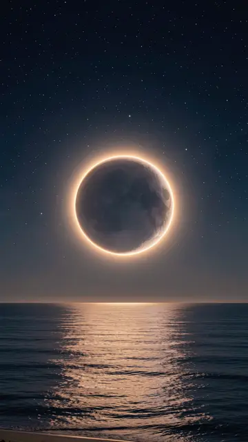A ringed glowing eclipse hangs above a calm night ocean, its light reflecting across the water under a starry sky
