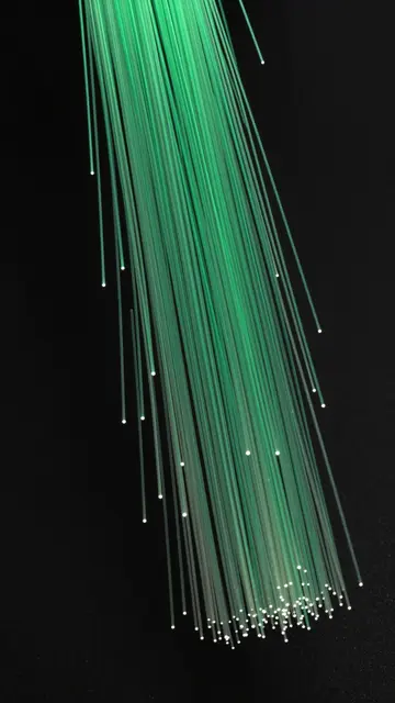 Vertical glowing emerald green fiber optic strands curve gently against a solid black background.