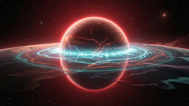 An exoplanet with luminous electric ocean and glowing outline floats in dark starry space near a red dwarf star