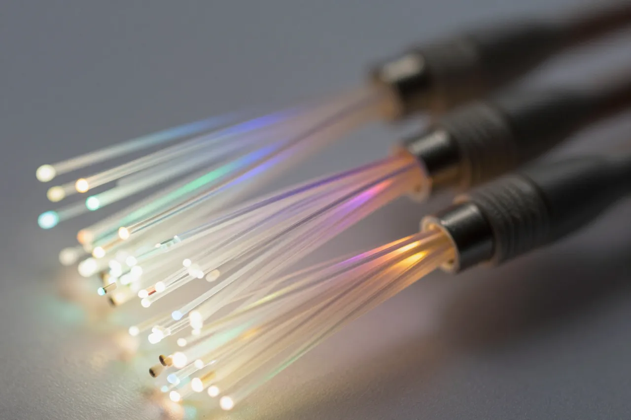 Macro close-up of glowing multicolored fiber optic cable ends resting on a smooth gray surface