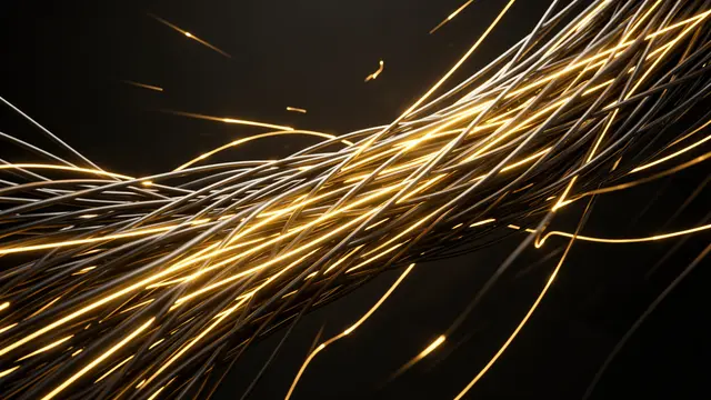 Golden light pulses travel through a twisted bundle of dark thin fibers against a dark background