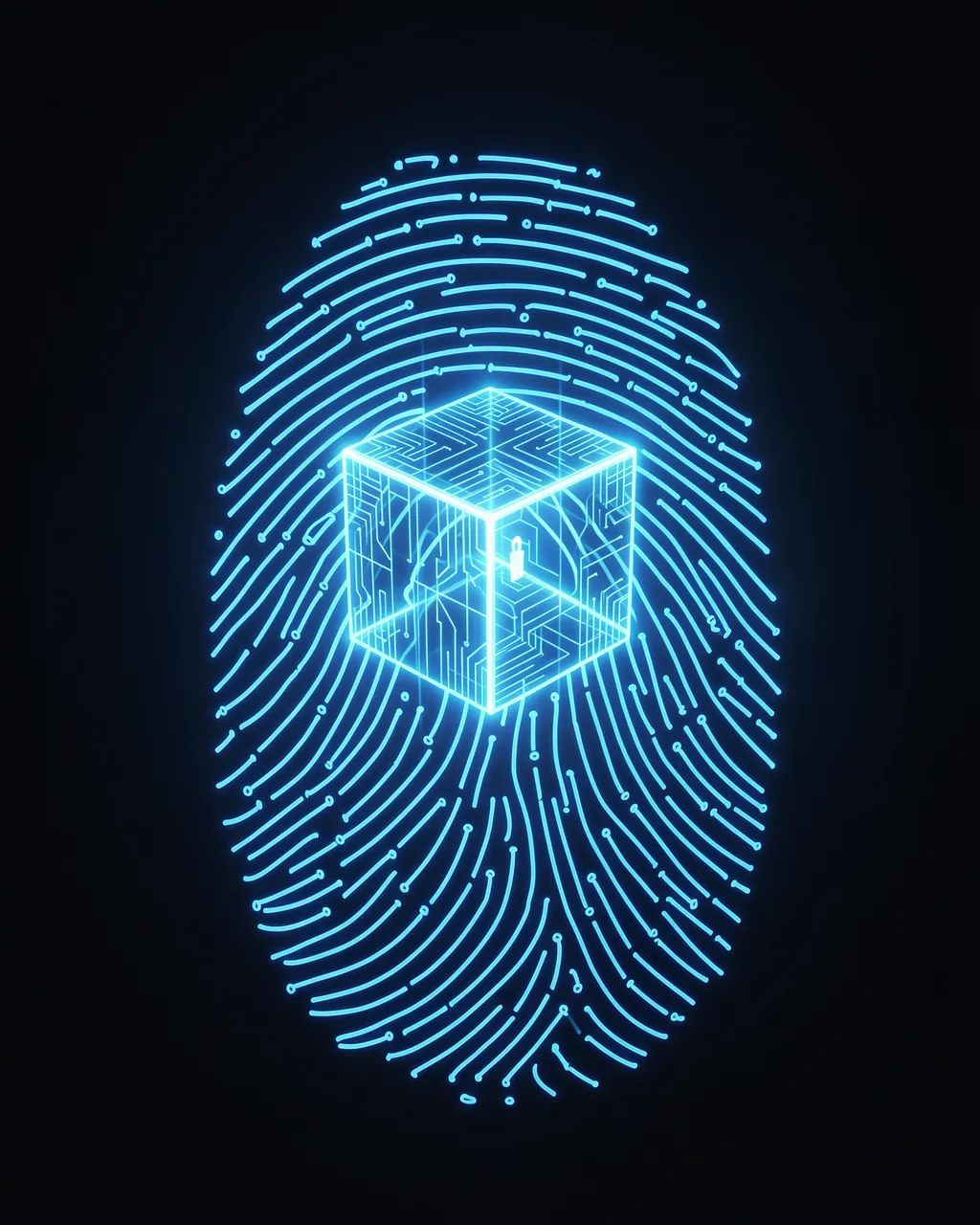 A glowing neon blue circuit-patterned fingerprint surrounds a floating holographic light cube on a dark background