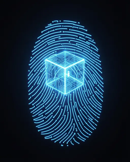 A glowing neon blue circuit-patterned fingerprint surrounds a floating holographic light cube on a dark background