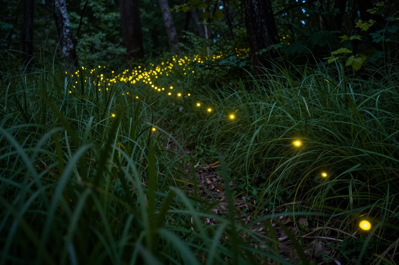 Bright yellow firefly lights float among tall grass along a forest path at dark twilight