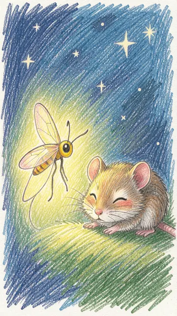 Colored pencil drawing of a glowing firefly beside a sleeping dormouse under a starry night sky