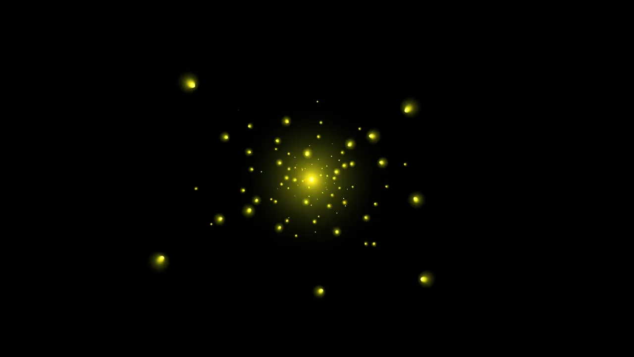 Scattered soft yellow-green glowing firefly-like lights float across a pure solid black background