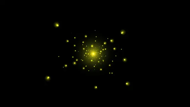 Scattered soft yellow-green glowing firefly-like lights float across a pure solid black background