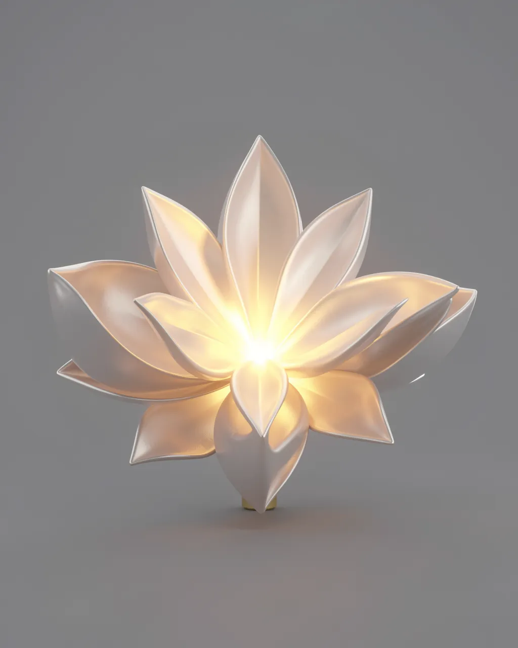 A 3D rendered metallic flower-shaped object with warm glowing light emanating from its center against a plain gray background
