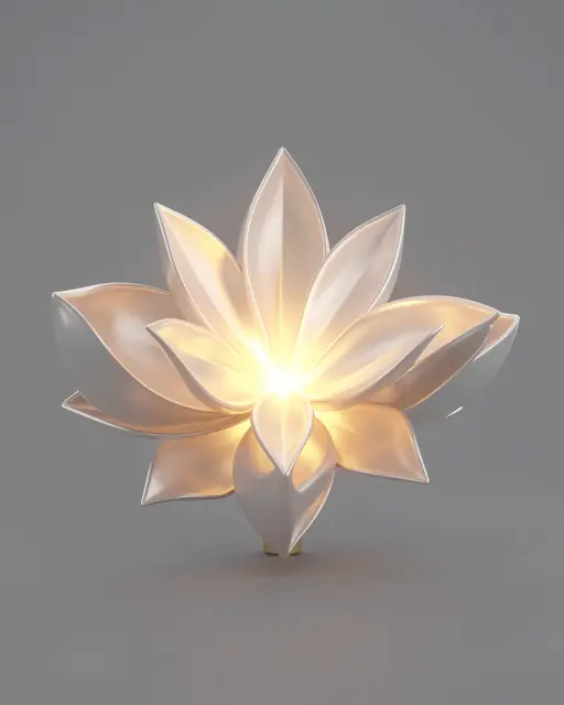 A 3D rendered metallic flower-shaped object with warm glowing light emanating from its center against a plain gray background
