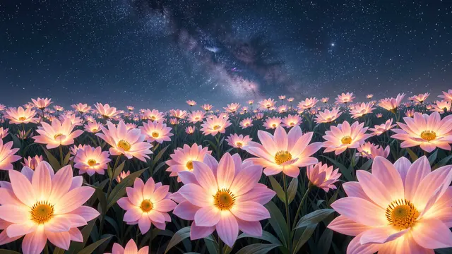 A field of luminous pink flowers stretches out beneath a bright starry night sky with the Milky Way visible.
