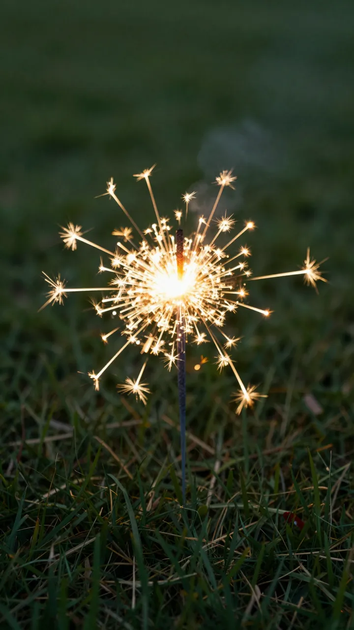 A lit golden sparkler stands upright in dark grass, emitting bright starburst sparks against a blurred lawn background.
