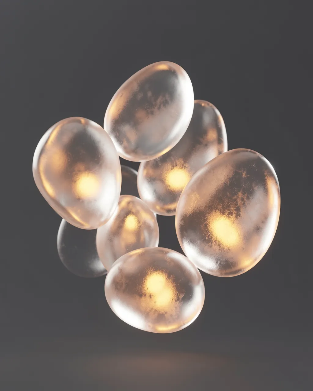 Floating frosted glass pebble shapes hold warm internal glow against a dark gray background