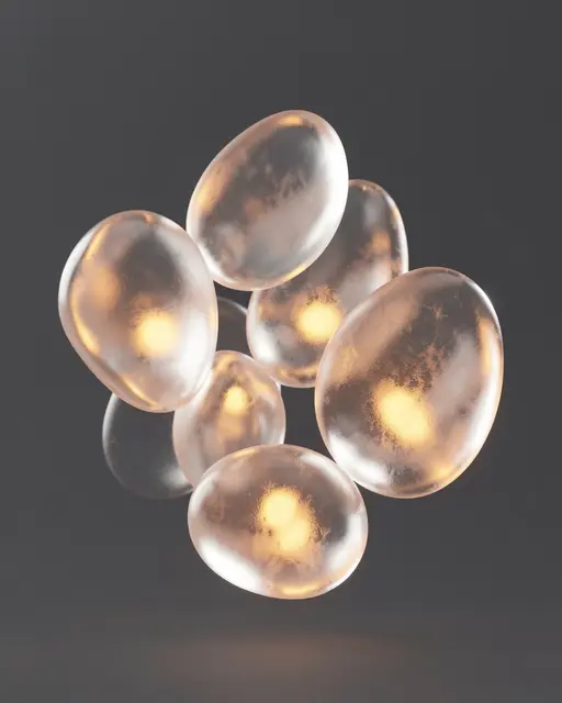 Floating frosted glass pebble shapes hold warm internal glow against a dark gray background