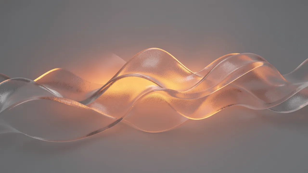 Curved frosted glass wave forms are backlit with soft orange glow against a neutral gray background