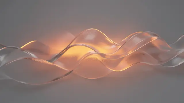 Curved frosted glass wave forms are backlit with soft orange glow against a neutral gray background